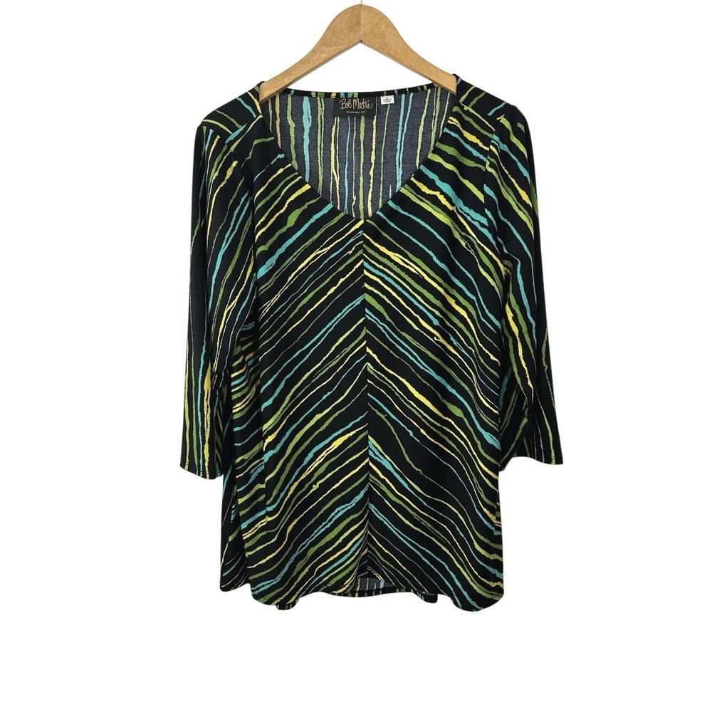 Bob Mackie‎ Tunic Top Womens Large Wearable Art Multicolor Glam Stripes V Neck